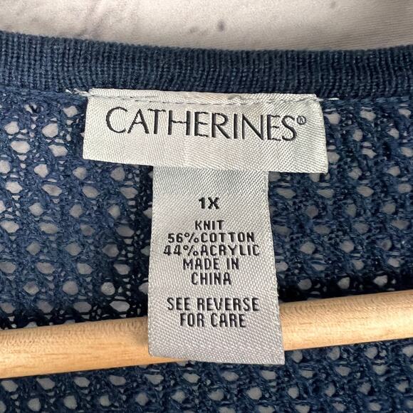 CATHERINES Women's 1X‎ Blue White Striped Cotton Knit Waterfall Cardigan Sweater - Picture 4 of 8